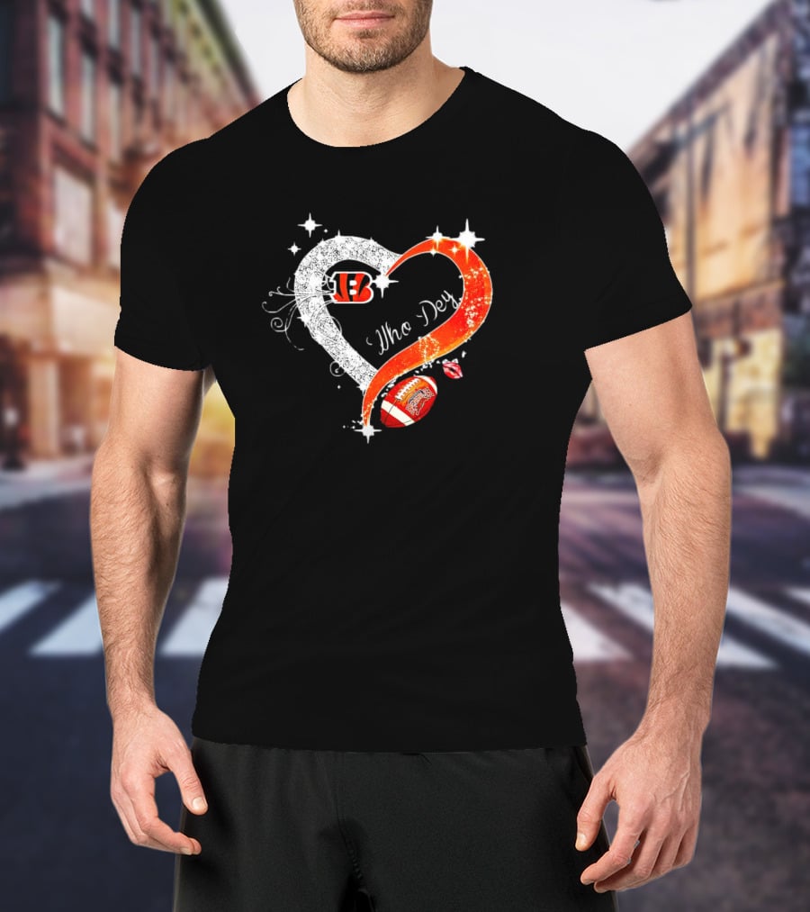 Cincinnati Bengals Who Dey Diamond Heart Football Icon With Logo And Lips T-Shirt