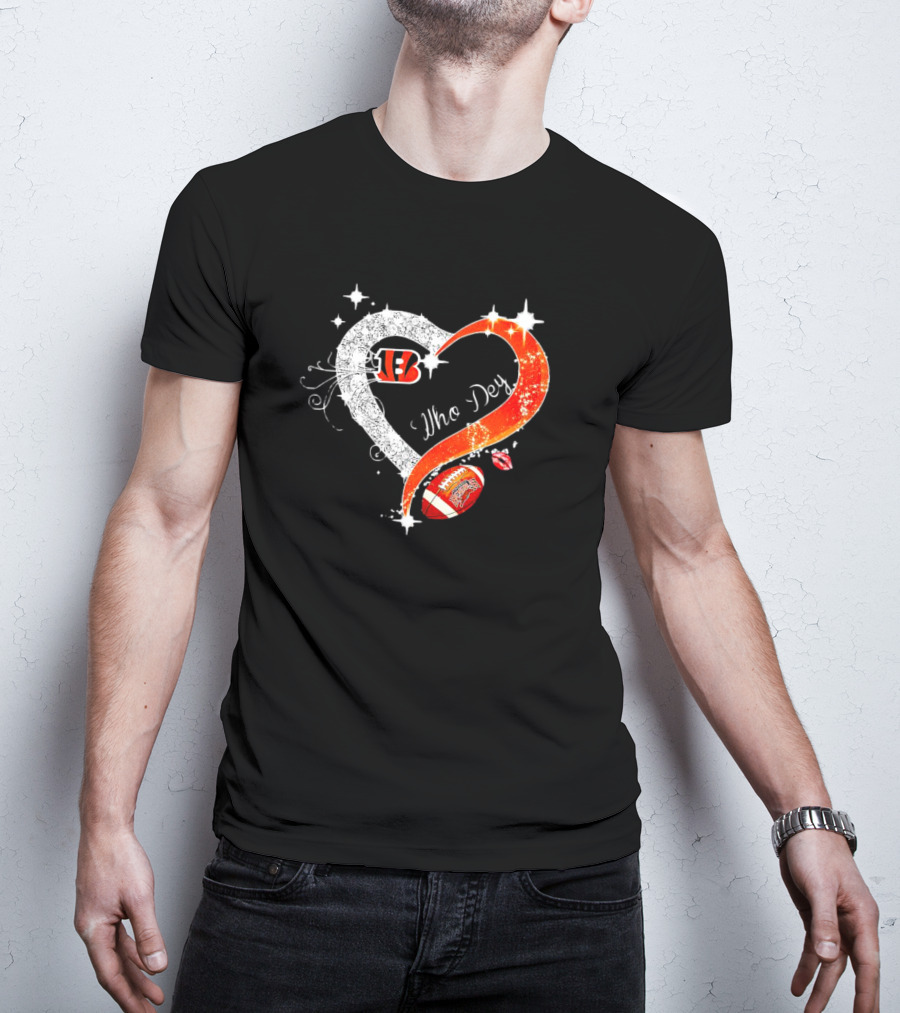 Cincinnati Bengals Who Dey Diamond Heart Football Icon With Logo And Lips T-Shirt