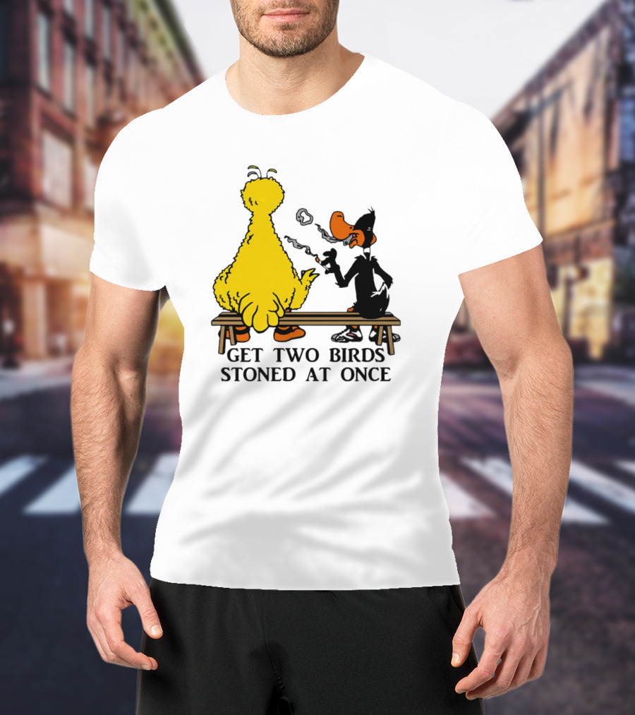 Get Two Birds Stoned At Once Smoking Yellow Black Cartoon Birds Bench T-Shirt