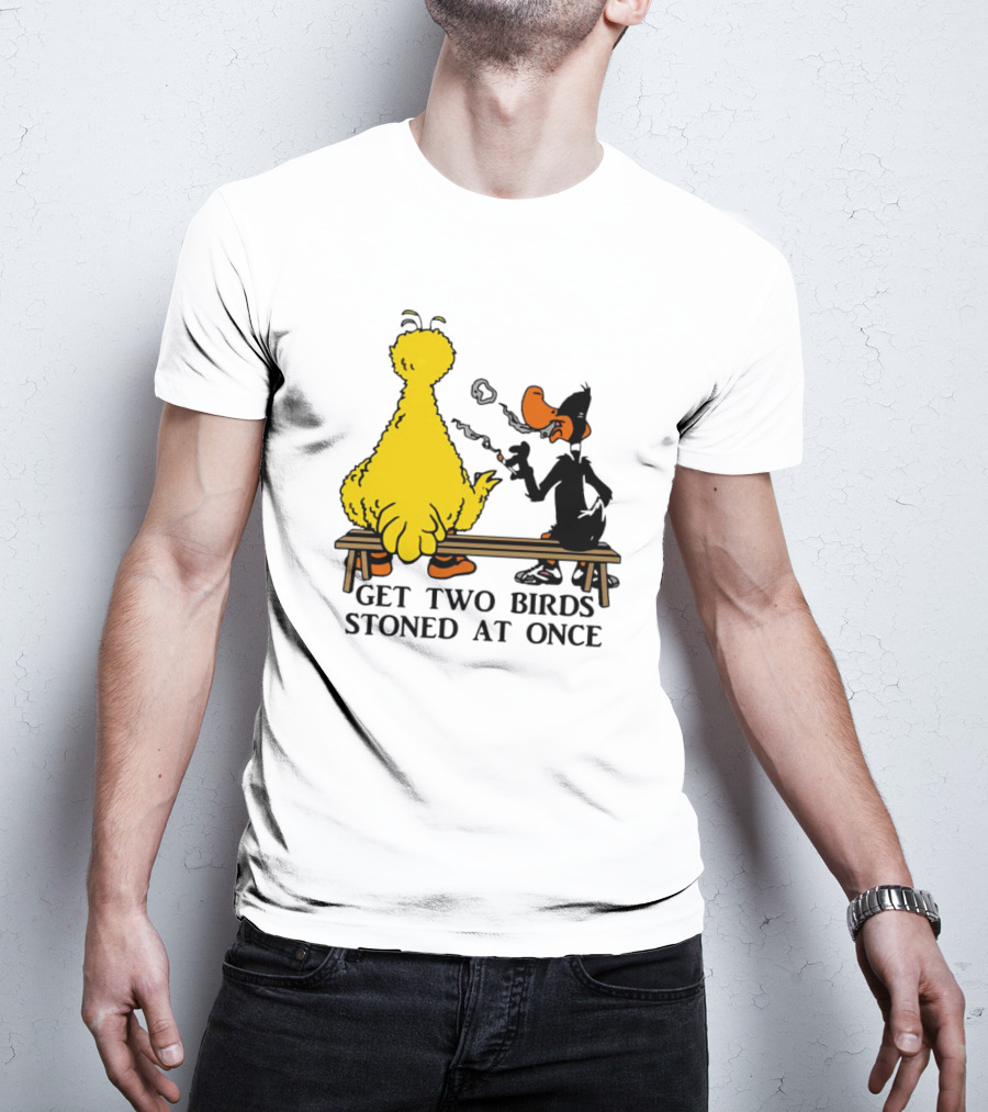 Get Two Birds Stoned At Once Smoking Yellow Black Cartoon Birds Bench T-Shirt