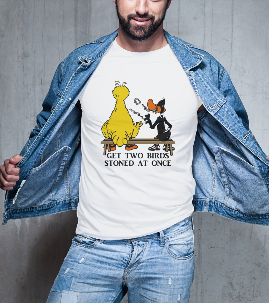 Get Two Birds Stoned At Once Smoking Yellow Black Cartoon Birds Bench T-Shirt