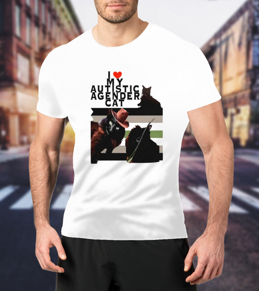 I Love My Autistic Agender Cat With Black Cats On Agender Pride Stripes T-Shirt