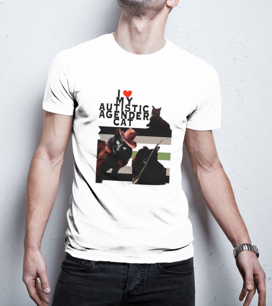 I Love My Autistic Agender Cat With Black Cats On Agender Pride Stripes T-Shirt