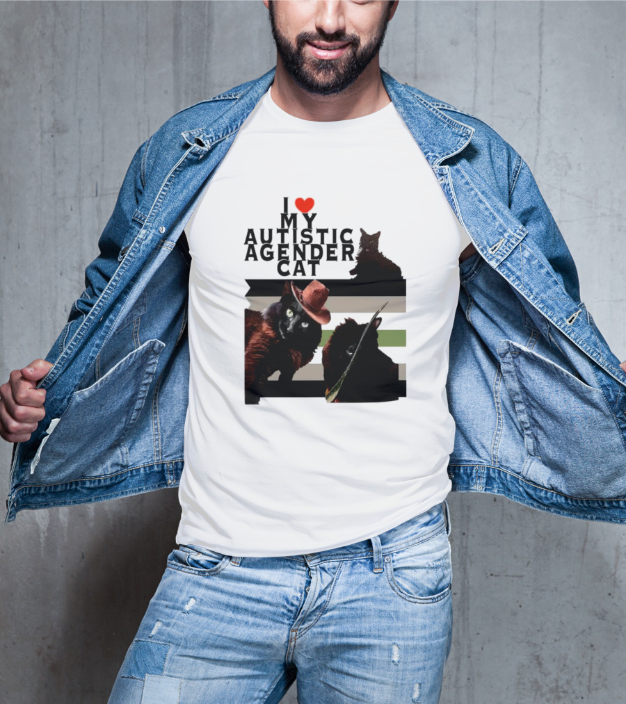 I Love My Autistic Agender Cat With Black Cats On Agender Pride Stripes T-Shirt