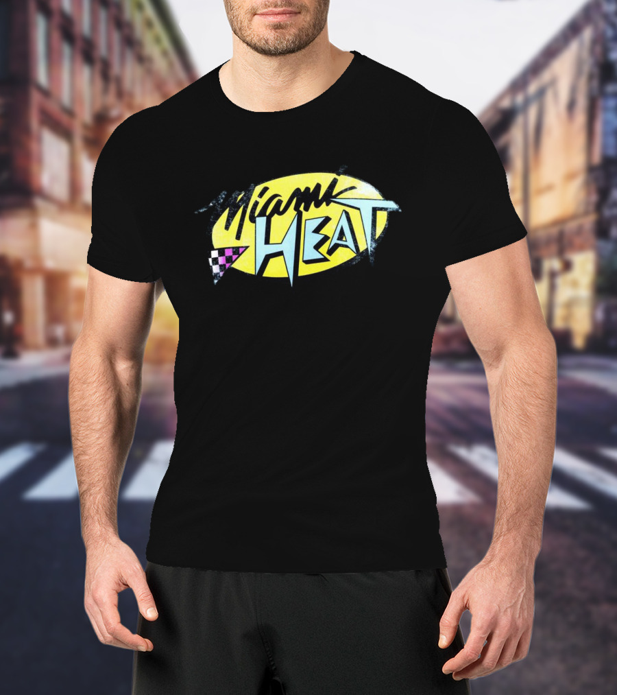 Miami Heat Retro 90s Style Logo With Neon Colors And Checkered Triangle T-Shirt