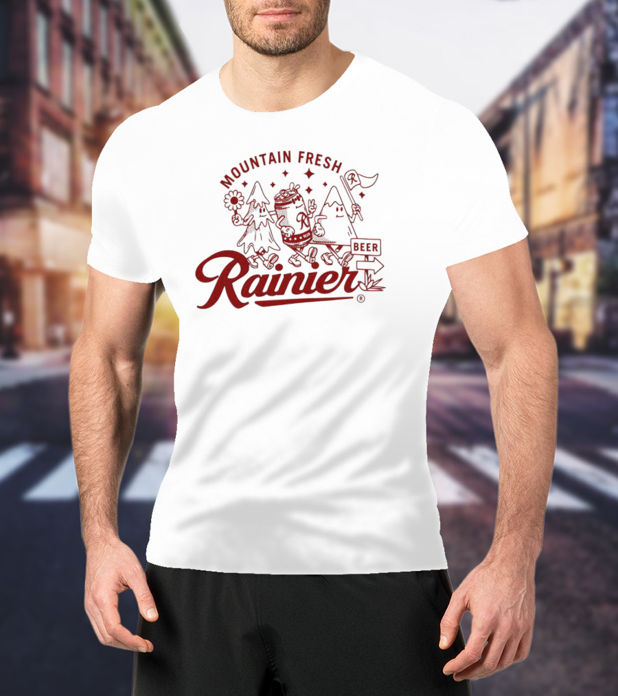 Rainier Mountain Fresh Beer Characters With Flower And Flag T-Shirt