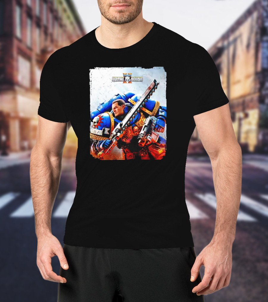 Warhammer 40000 Space Marine 2 Titus Game Art Ultramarine Warrior Battle Scene T-Shirt