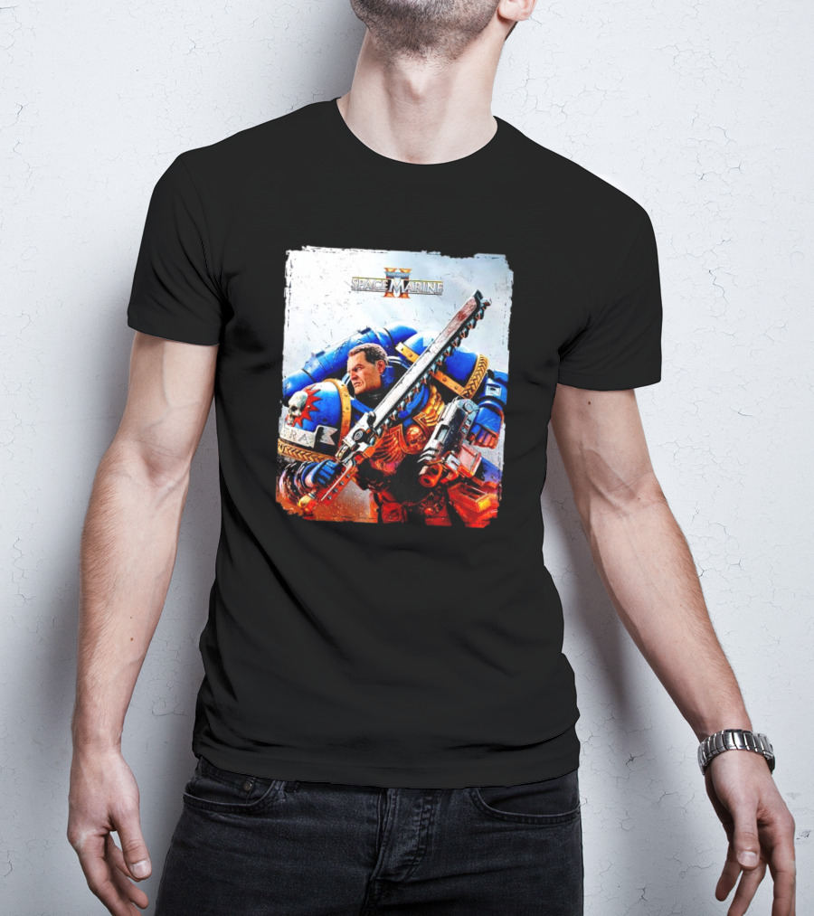 Warhammer 40000 Space Marine 2 Titus Game Art Ultramarine Warrior Battle Scene T-Shirt