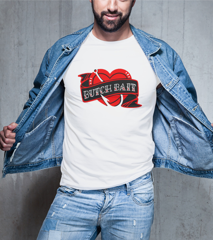 Butch Bait Heart With Fishing Hook Banner T-Shirt