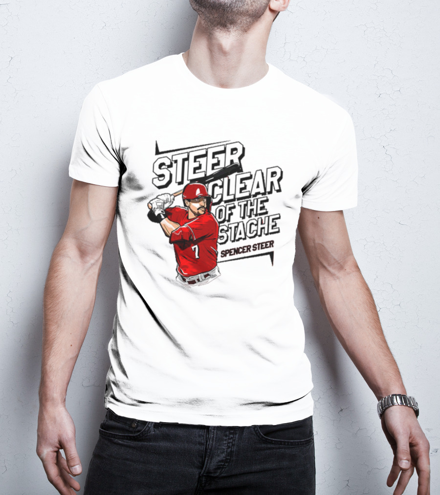 Spencer Steer Clear Of The Stache Baseball Player Illustration With Red Jersey And Bat T-Shirt