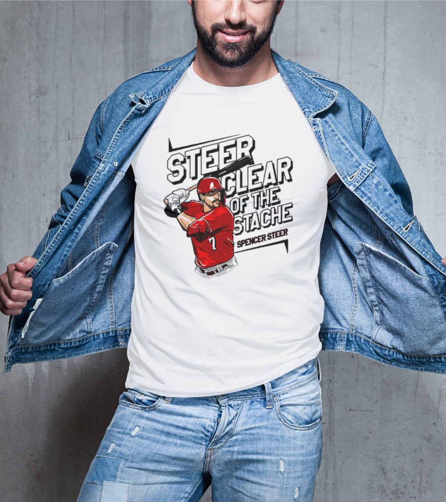 Spencer Steer Clear Of The Stache Baseball Player Illustration With Red Jersey And Bat T-Shirt