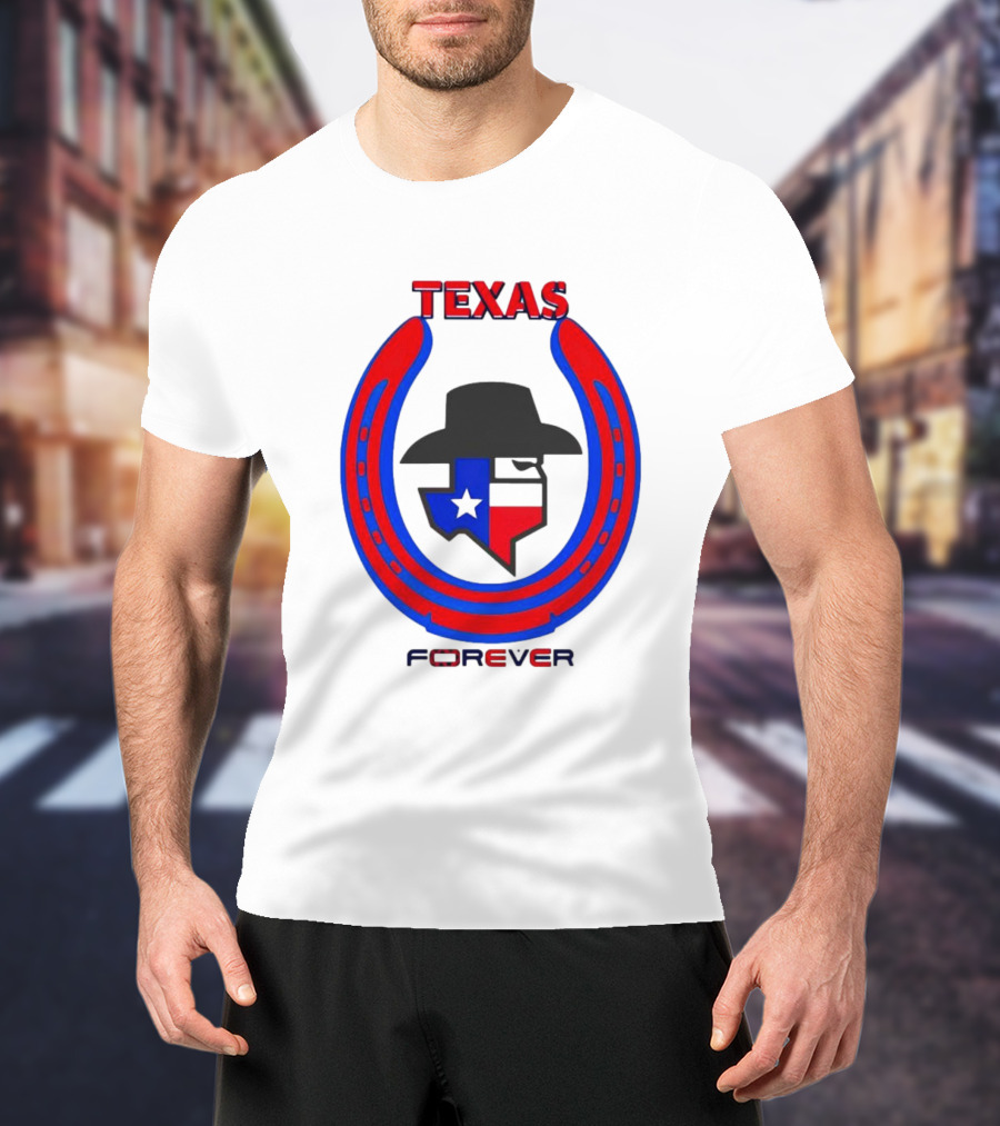 Texas Forever Lone Star Horseshoe Red Blue Cowboy Hat T-Shirt
