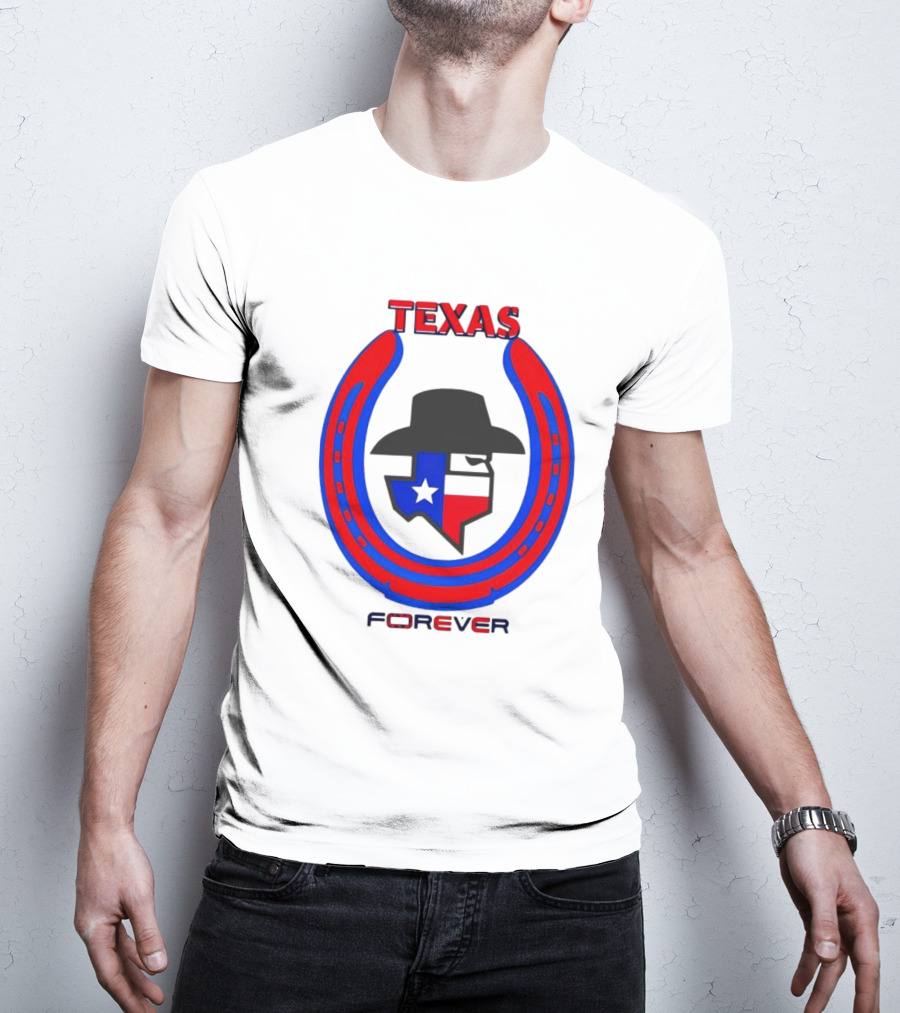 Texas Forever Lone Star Horseshoe Red Blue Cowboy Hat T-Shirt