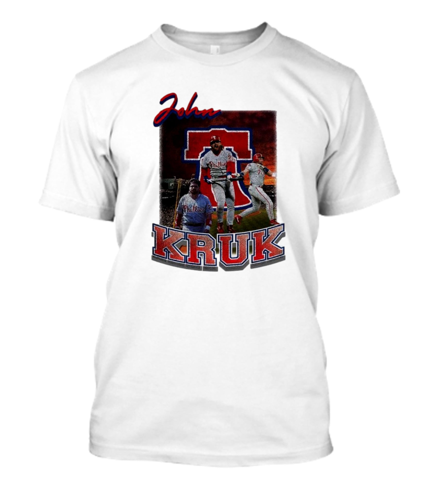 John Kruk Phillies Baseball Player Retro Style Red Blue Text T-Shirt