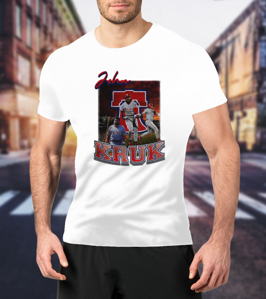 John Kruk Phillies Baseball Player Retro Style Red Blue Text T-Shirt