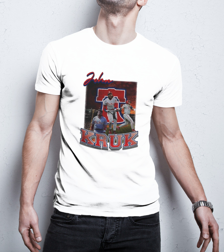 John Kruk Phillies Baseball Player Retro Style Red Blue Text T-Shirt