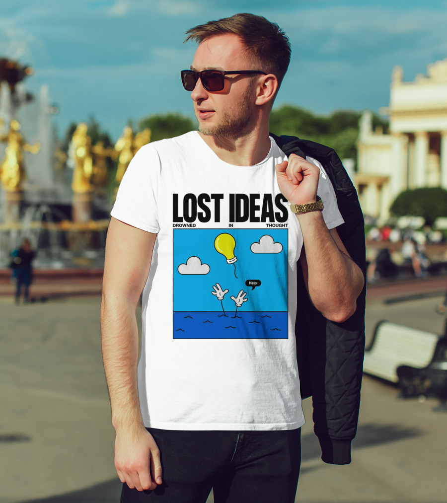 Lost Ideas Drowned In Thought Help Lightbulb Above Water Hands Clouds T-Shirt