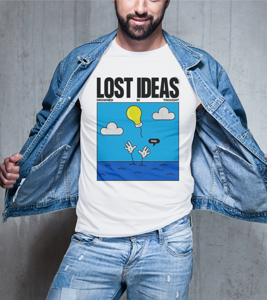 Lost Ideas Drowned In Thought Help Lightbulb Above Water Hands Clouds T-Shirt