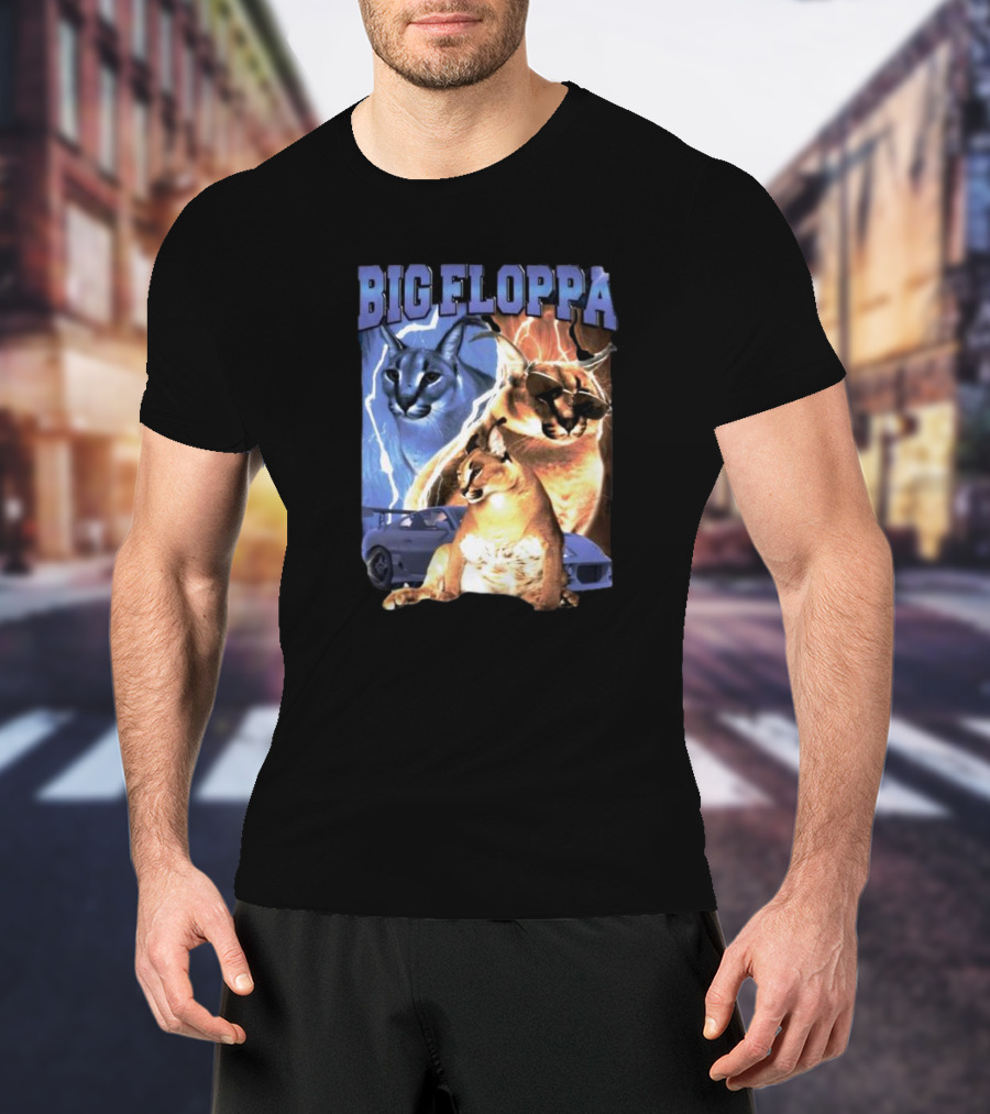 Big Floppa Lightning Caracal Trio With Lightning And Sports Car T-Shirt