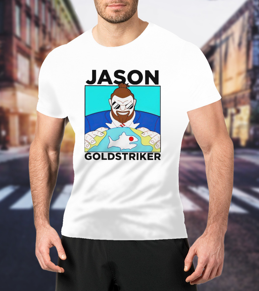 JASON GOLDSTRIKER Bold Character Holding Map With Red Marker T-Shirt