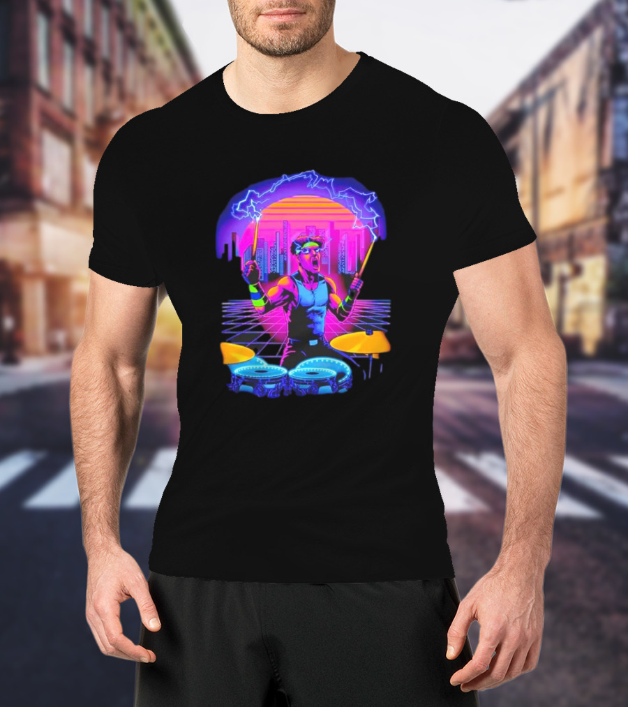 Drumatron Neon City Electric Drummer In Retro Futuristic Skyline T-Shirt
