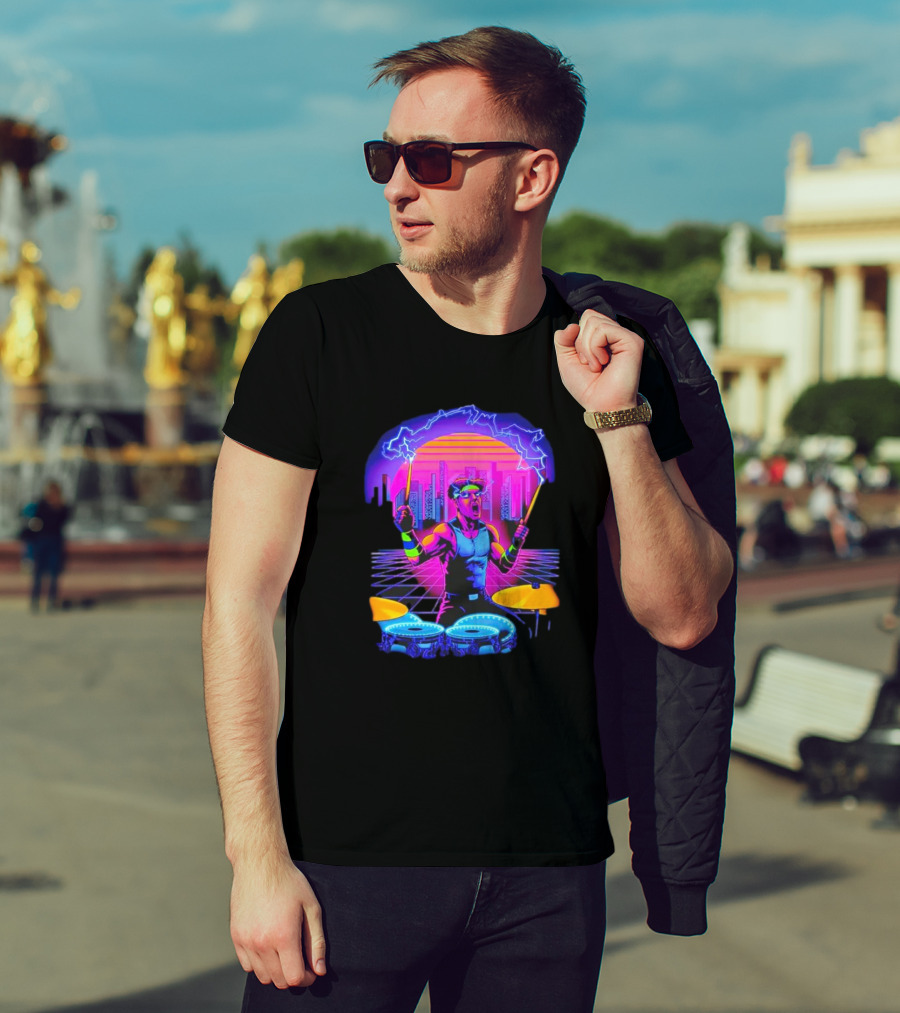 Drumatron Neon City Electric Drummer In Retro Futuristic Skyline T-Shirt