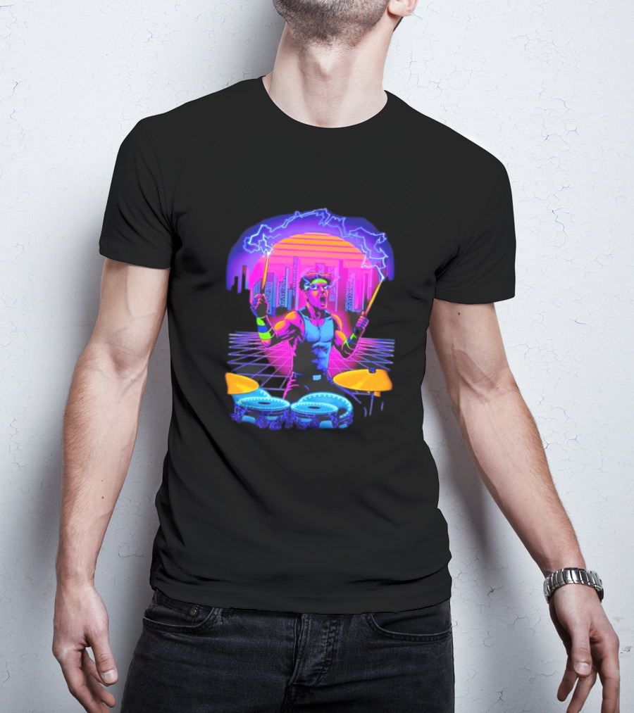 Drumatron Neon City Electric Drummer In Retro Futuristic Skyline T-Shirt