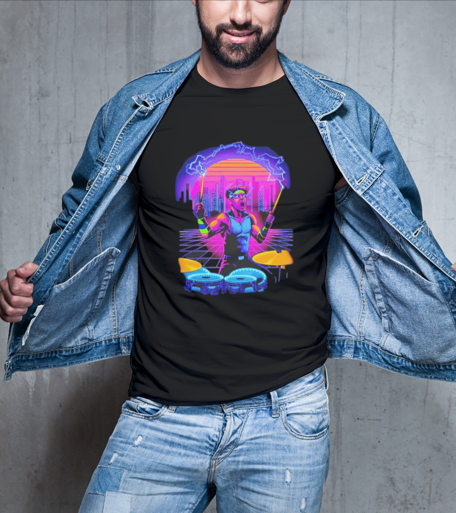 Drumatron Neon City Electric Drummer In Retro Futuristic Skyline T-Shirt