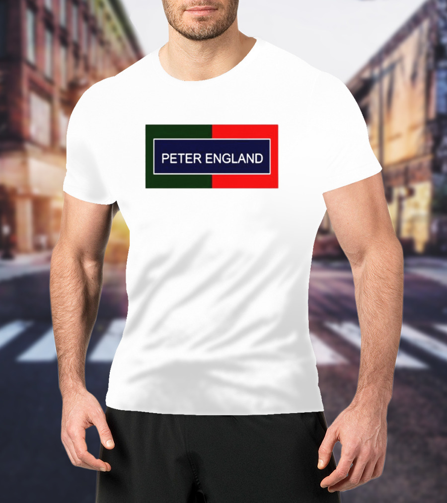 PETER ENGLAND Black Background Rectangular Logo With Green And Red Blocks T-Shirt