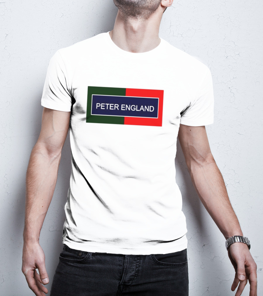 PETER ENGLAND Black Background Rectangular Logo With Green And Red Blocks T-Shirt