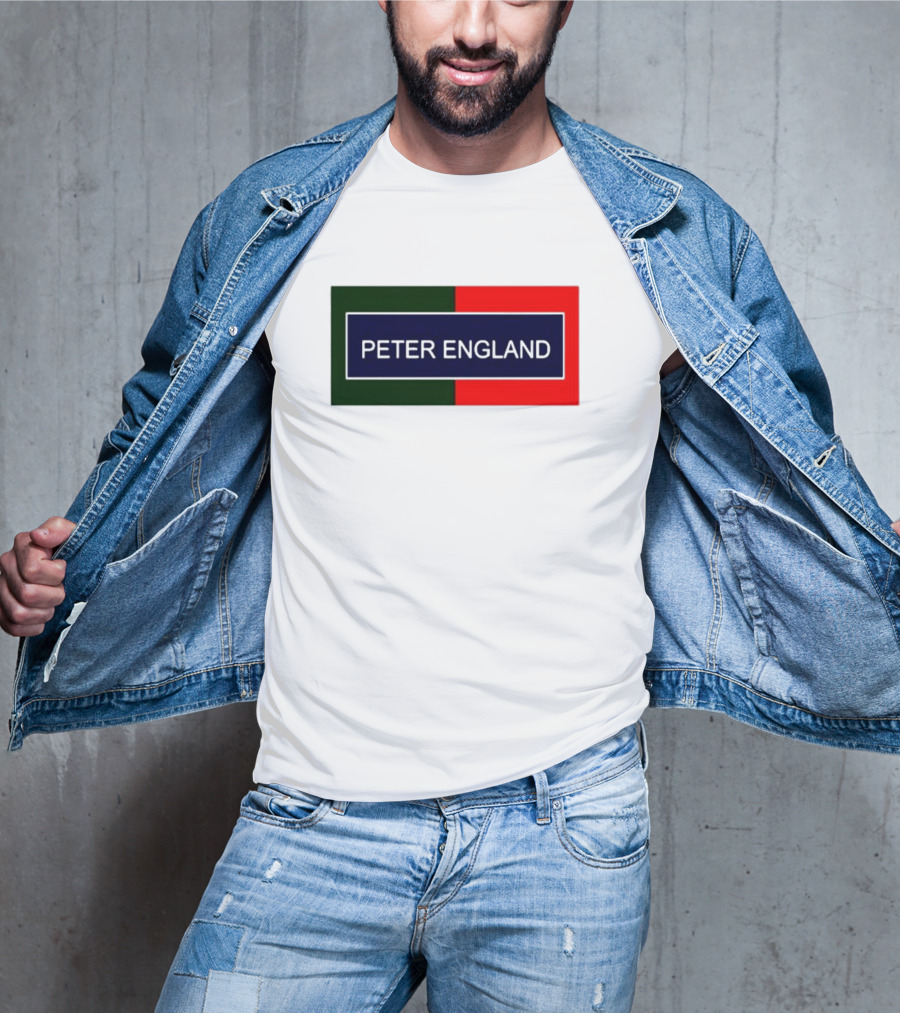 PETER ENGLAND Black Background Rectangular Logo With Green And Red Blocks T-Shirt