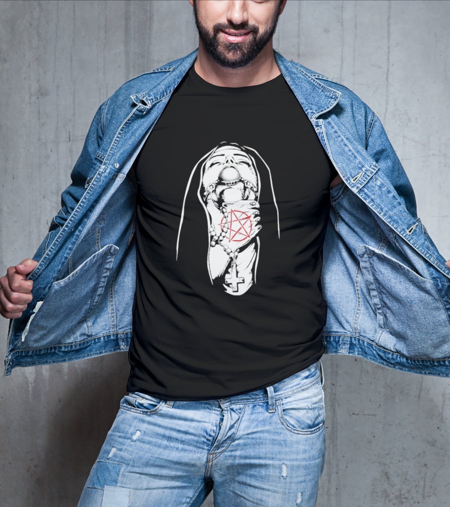 Nun In Chains With Rosary And Red Pentagram T-Shirt