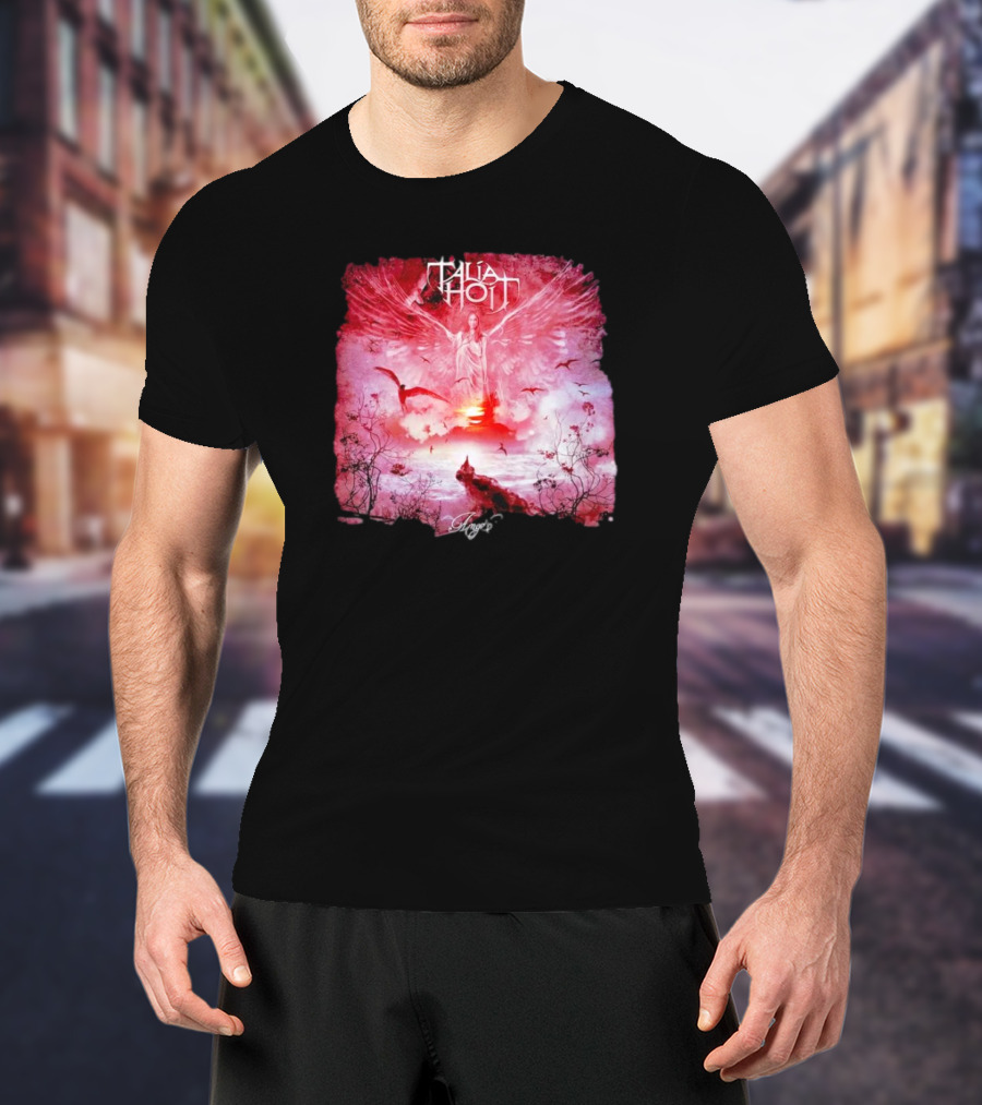 Talia Hoit Angel Red Winged Figure With Birds And Sunset T-Shirt