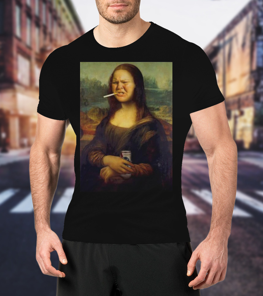 Tammy Mona Lisa Smoking Cigarette Holding Beer Can T-Shirt