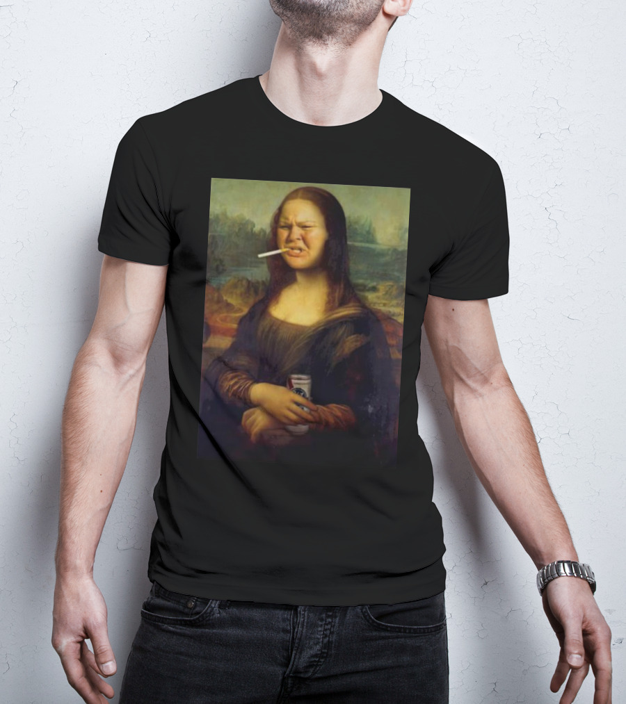 Tammy Mona Lisa Smoking Cigarette Holding Beer Can T-Shirt