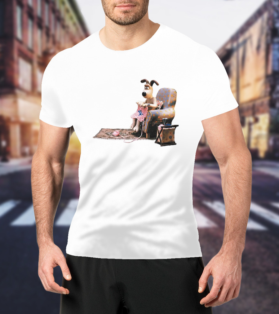 Wallace And Gromit Gromit Knitting In Armchair With Yarn Basket T-Shirt