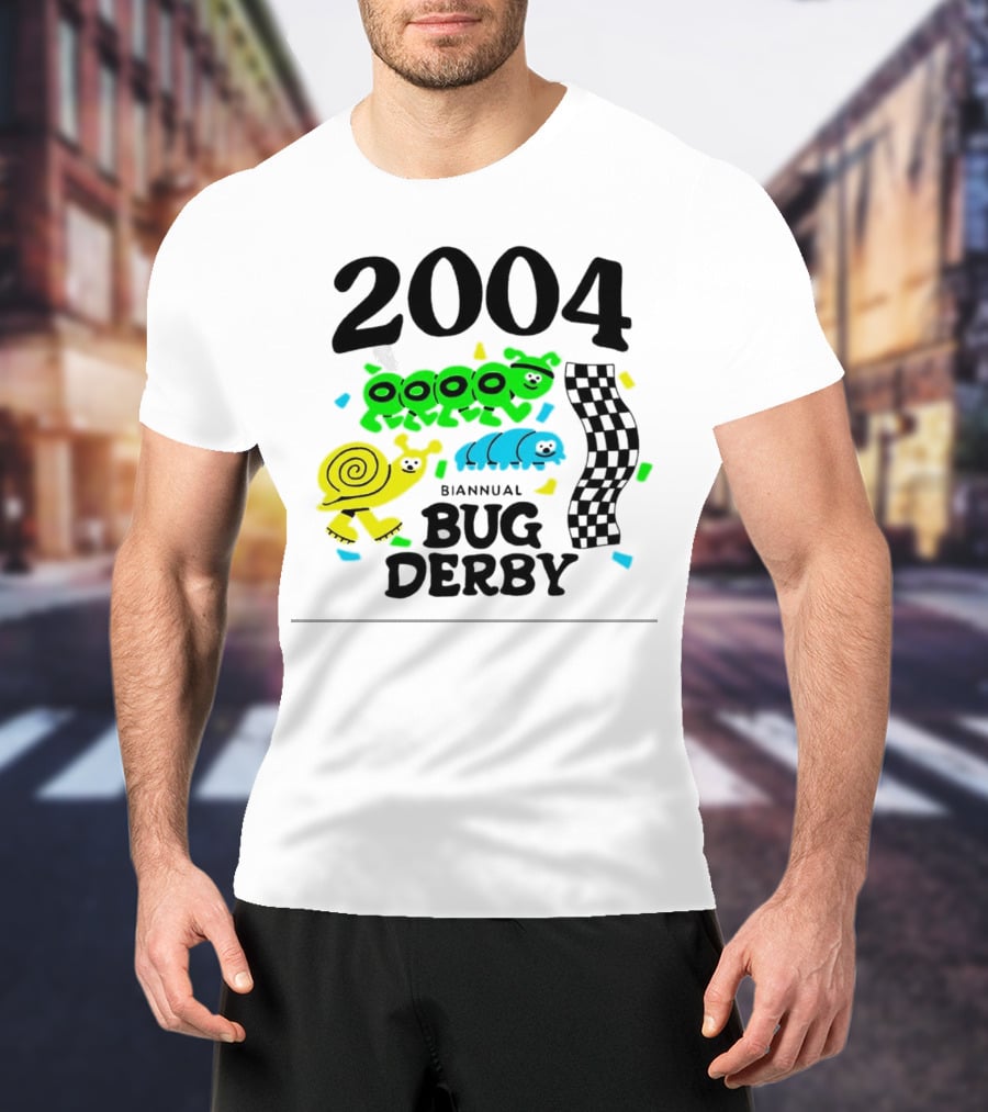 2004 Biannual Bug Derby Colorful Cartoon Caterpillars With Checkered Flag T-Shirt