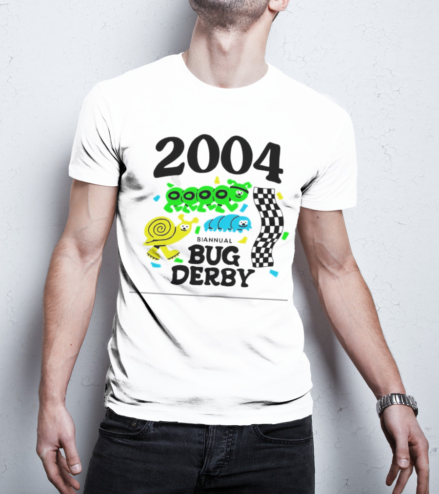 2004 Biannual Bug Derby Colorful Cartoon Caterpillars With Checkered Flag T-Shirt