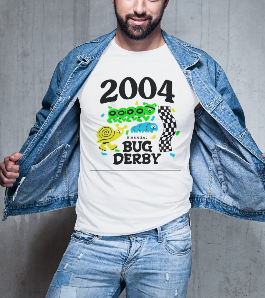 2004 Biannual Bug Derby Colorful Cartoon Caterpillars With Checkered Flag T-Shirt