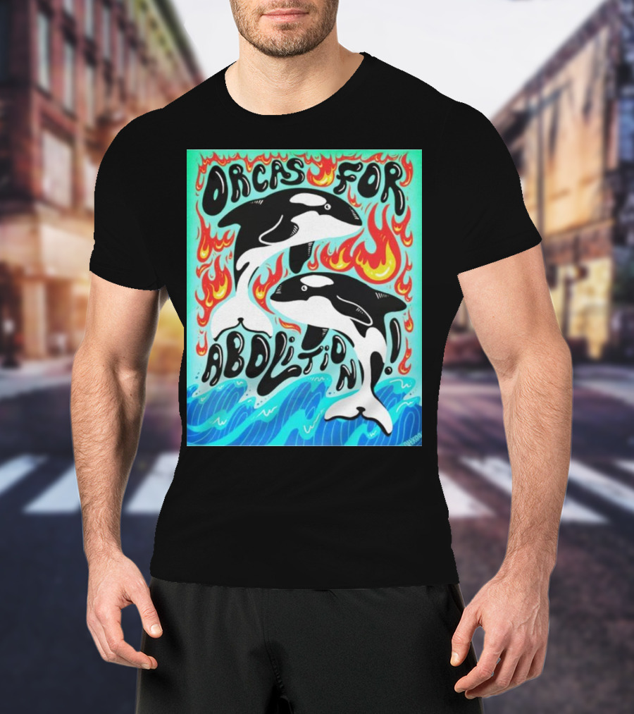 Orcas For Abolition Ocean Waves And Flames T-Shirt