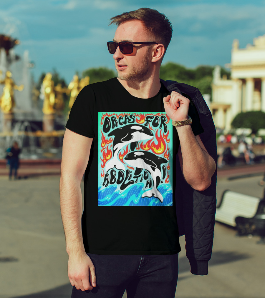 Orcas For Abolition Ocean Waves And Flames T-Shirt