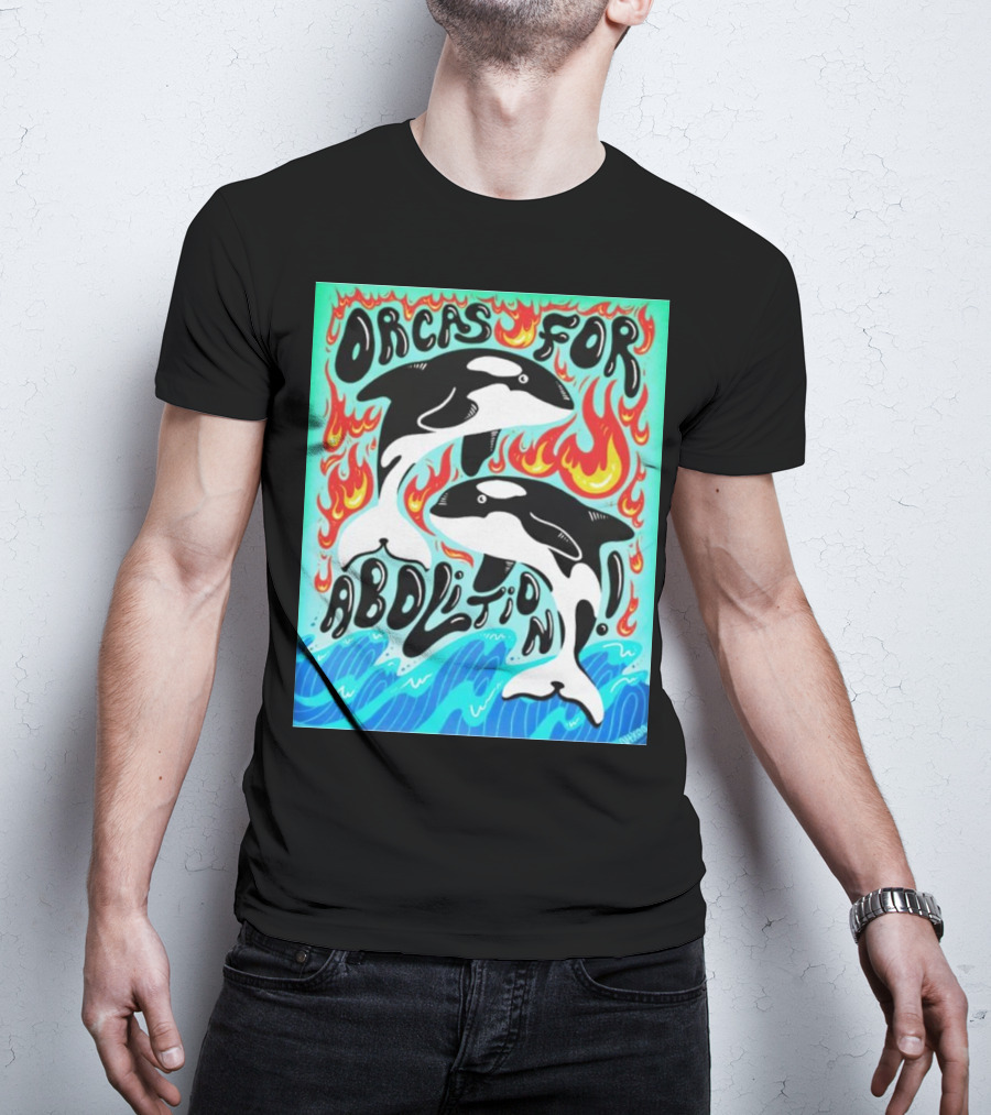 Orcas For Abolition Ocean Waves And Flames T-Shirt