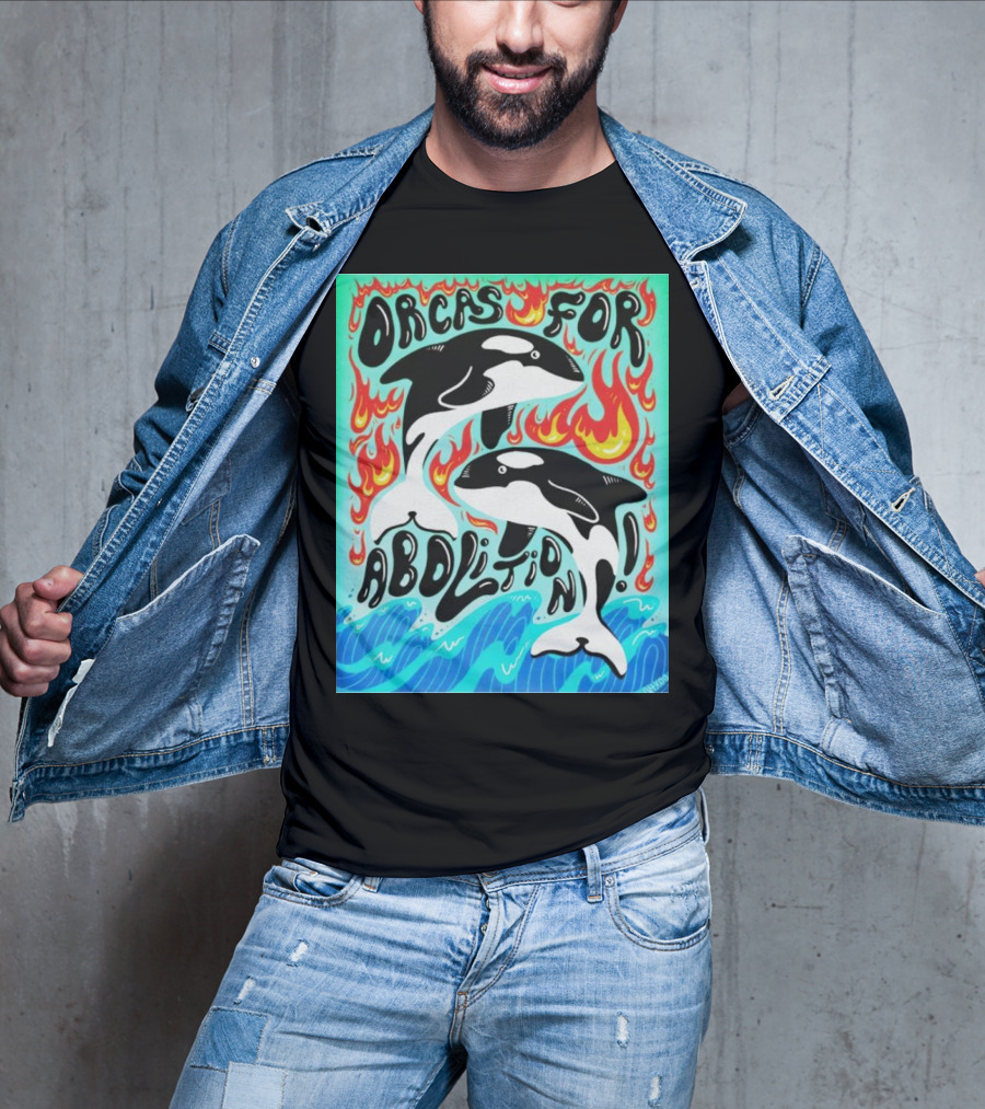 Orcas For Abolition Ocean Waves And Flames T-Shirt
