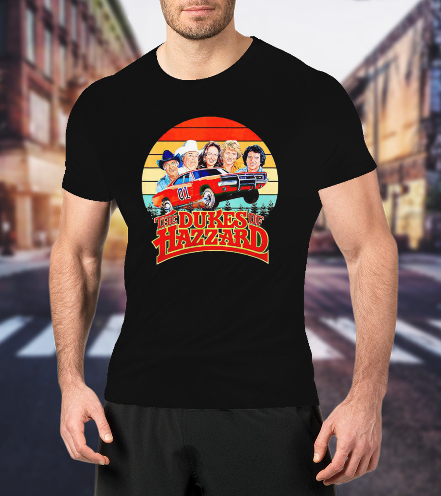 Vintage The Dukes Of Hazzard Characters With Dodge Charger 01 Retro Sunset T-Shirt