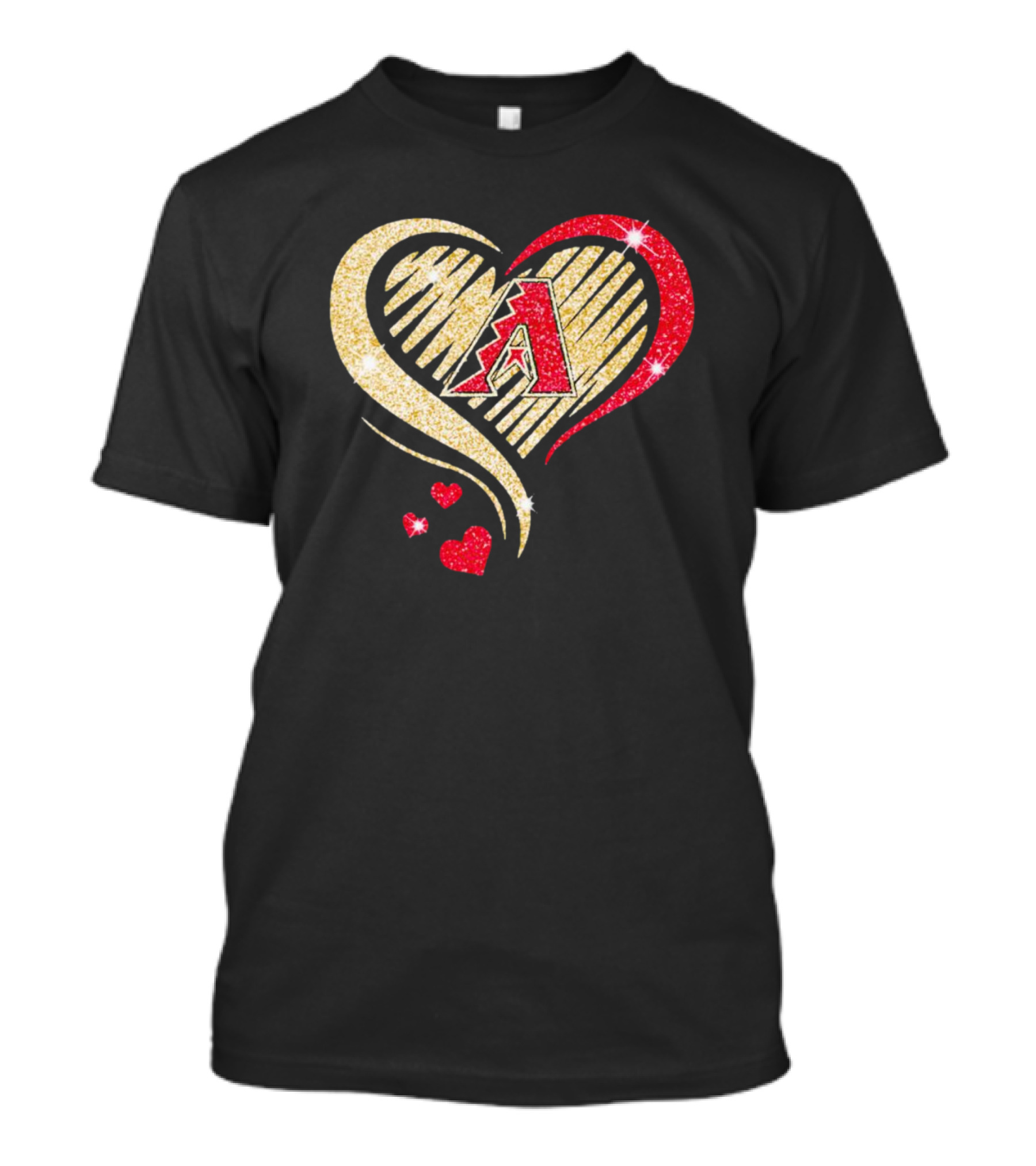 Arizona Diamondbacks Glitter Heart Design With Team Logo In Gold And Red T-Shirt