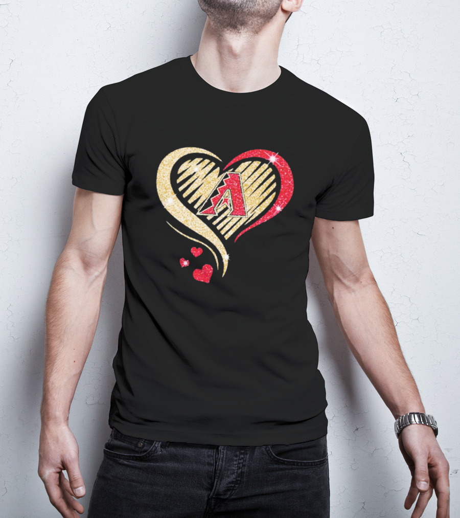 Arizona Diamondbacks Glitter Heart Design With Team Logo In Gold And Red T-Shirt