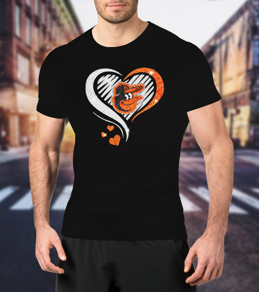 Baltimore Orioles Heart Shaped Logo With Orange Glitter Diamond T-Shirt