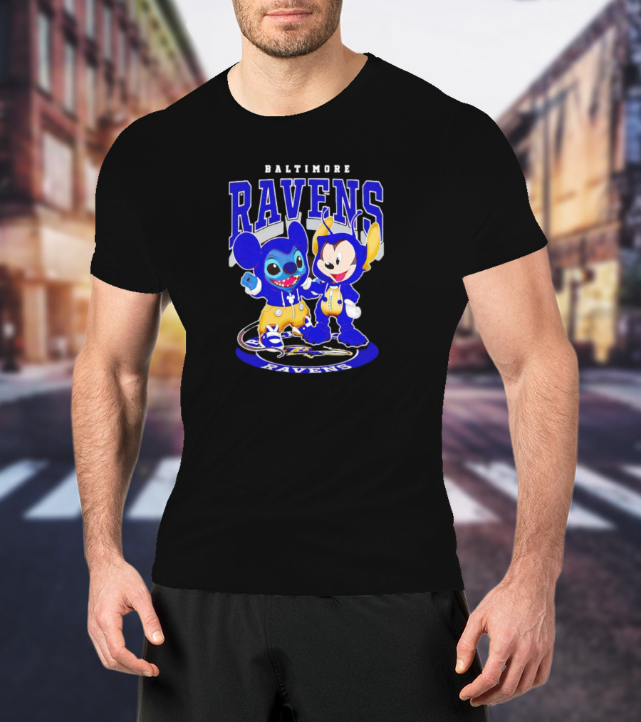 Baltimore Ravens Stitch And Mickey Character Collaboration Football T-Shirt