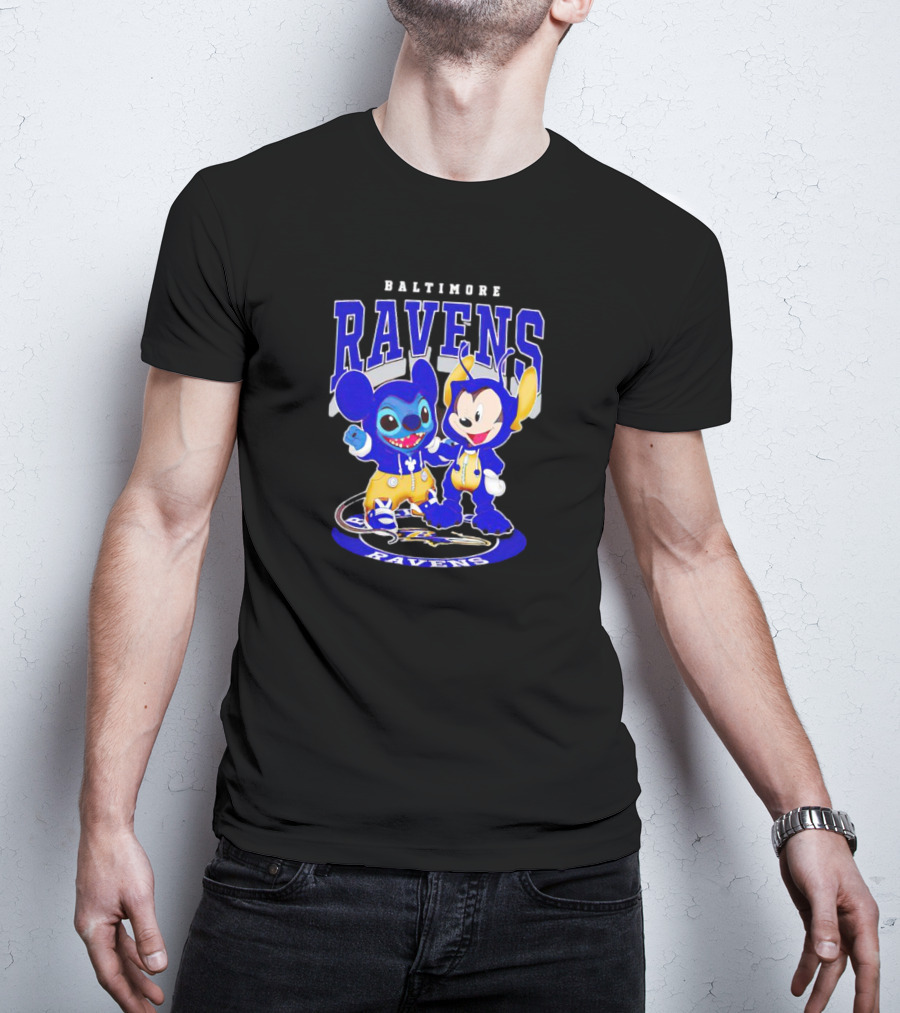 Baltimore Ravens Stitch And Mickey Character Collaboration Football T-Shirt