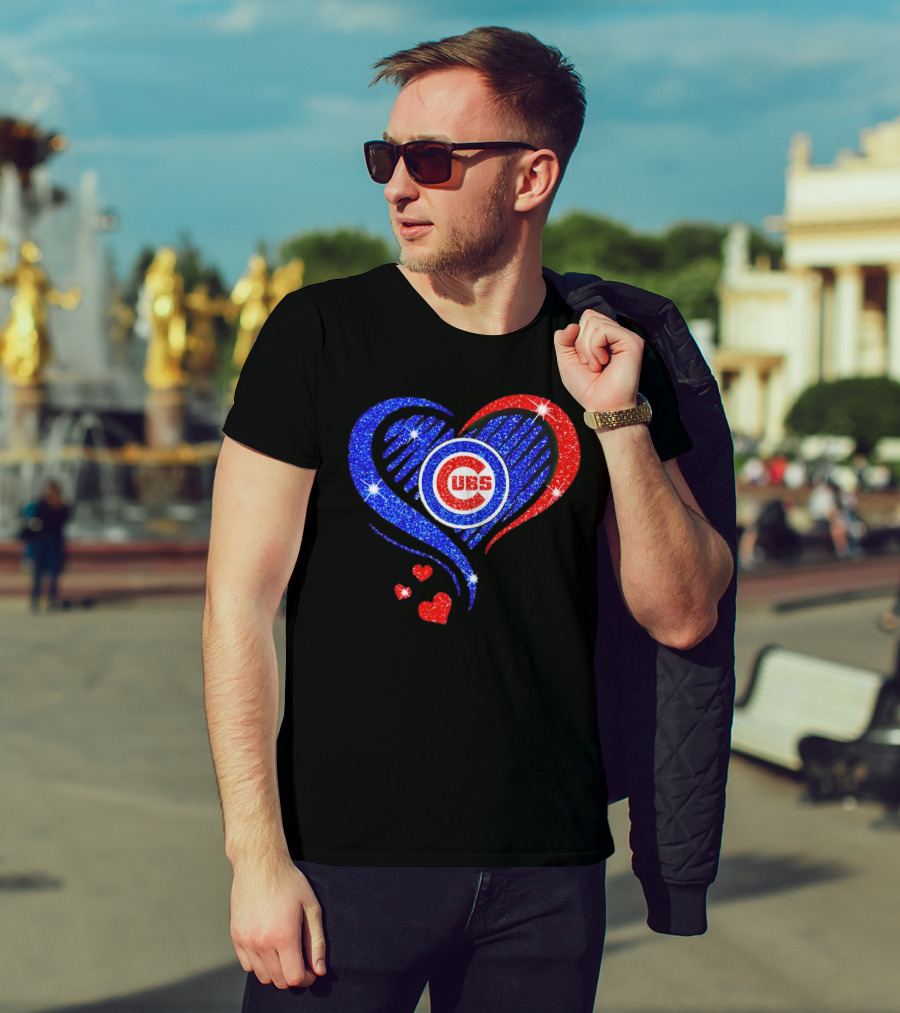 Chicago Cubs Glitter Heart Logo With Red And Blue Diamond T-Shirt